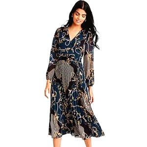 Nwot Ann Taylor Teal Longsleeve Scrollwork Faux Wrap V Neck Pleated Skir…